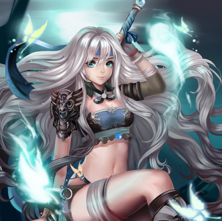 Swordwoman - anime, magic, female, warrior, magical, hd, weapon, silver hair, fighter, anime girl, beautiful, girl, sword, beauty, blade, fantasy, sinister, sexy