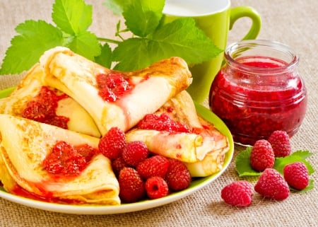 Pancakes & Berries - fresh, dessert, jam, raspberry, pancake, berries