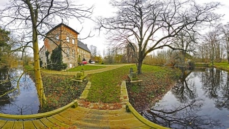 lovely manor house in fisheye - autumn, fisheye, trees, river, mansion, house, bridge