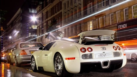 bugatti veyron grand sport on a rainy street - street, lights, rain, car, wing, night, cram