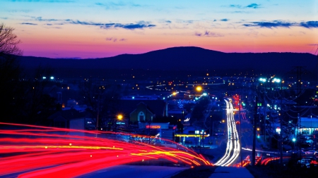 street lights at dawn in long exposure - daw, town, lights, long exposure, hills