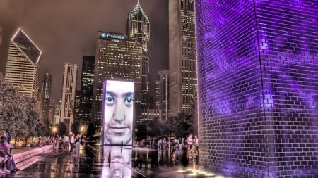 unique art in an open space in chicago hdr - skyscrapers, city, sculpture, sidewalk, night, hdr, art