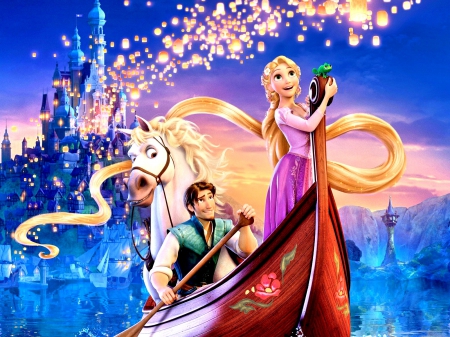 Disney Movie - animation, anime, queen, boat, splendor, long hair, horse, hair, nature, king, princess, lake, paradise, castle