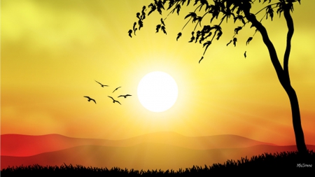 Evening Begins - bright, sky, hills, trees, tree, sunset, birds