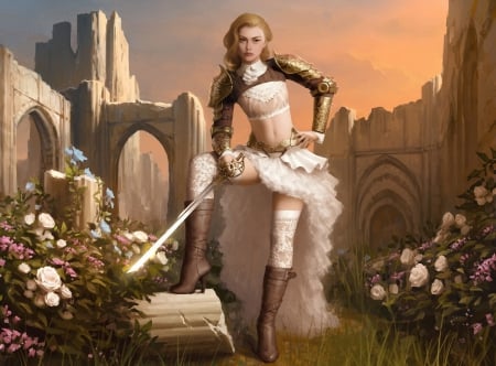 fantasy girl - sword, girl, fantasy, flower