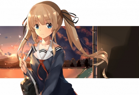 Eriri Spencer Sawamura - sunset, anime girl, seifuku, saenai heroine no sodatekata, spencer, setting sun, blonde hair, anime, brunette, lake, eriri, sunset lake, blue eyes, school uniform, sawamura, eriri spencer sawamura, school girl