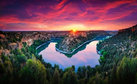 Hoces del Rio Duraton Natural Park - calm, clouds, beautiful, forest, gorge, river, sunset, Spain, sky