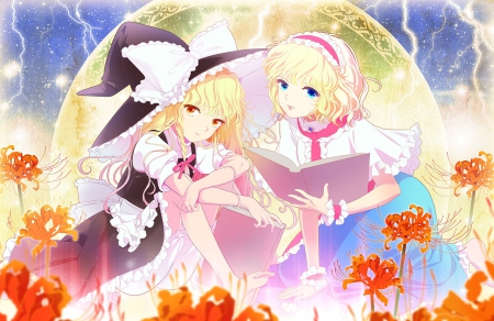 Alice Marisa - magic, anime girl, book, elegant, blond hair, chatting, talk, blonde hair, petals, talking, us, lady, chat, glow, alice, marisa, floral, beautiful, sweet, dress, beauty, nice, female, blond, read, excellent, touhou, gorgeous, pretty, anime, maiden, sit, girl, gown, lovely, alice margatroid, blossom, spendid, kirisame marisa, blonde, flower