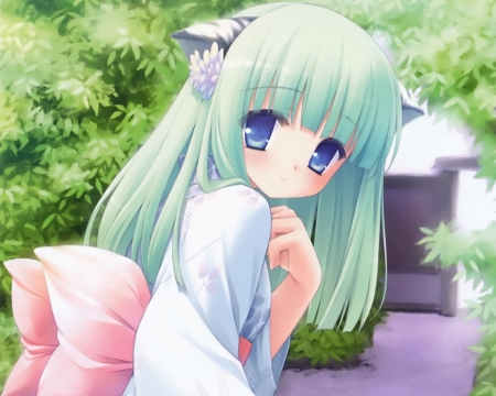 Neko Chan - blush, maiden, neko, sublime, adorable, ribbon, nekomimi, excellent, anime, yukata, neko mimi, lovely, female, blue eyes, kimono, spendid, happy, beautiful, girl, anime girl, gorgeous, lady, green hair, kawaii, beauty, sweet, shy, hd, blushing, long hair, nice, smile, scene