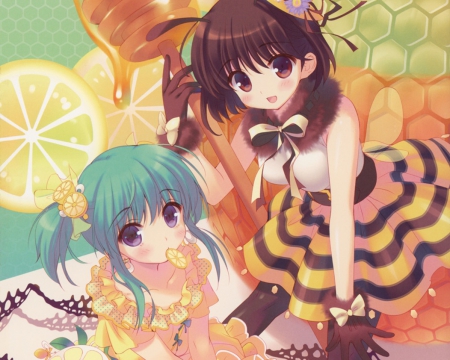 Honey Lemon - pretty, honey, anime, kawaii, female, food, dress, excellent, green hair, sublime, eat, gorgeous, hd, nice, spendid, gown, anime girl, girl, lovely, brown hair, sweet, duo, wonderful, double, twins, soft, dual, adorable, eeating, lemon