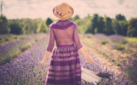 laveder girl - hat, girl, field, lavender