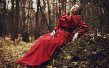 red dress girl - red, forest, long, dress