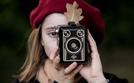 blonde - camera, red, blonde, beauty, cap, leaf