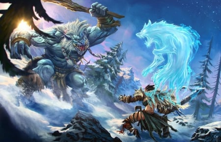 Man VS Snowtroll - totem spirit, winter, man, wolf