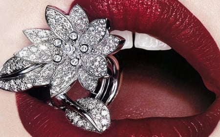 ♥ - lips, stone, white, red, flower, jewel, lipstick