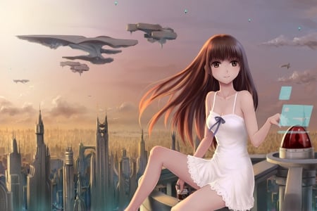 Mars City Kamiratia - spaceship, beautiful, anime girl, girl, fantasy, magic, scenery, city, sundress, pretty, beauty, ufo, sweet, brown hair, anime, dress, sky, town, long hair, building, home, nice, lovely, scene, female, house, realistic