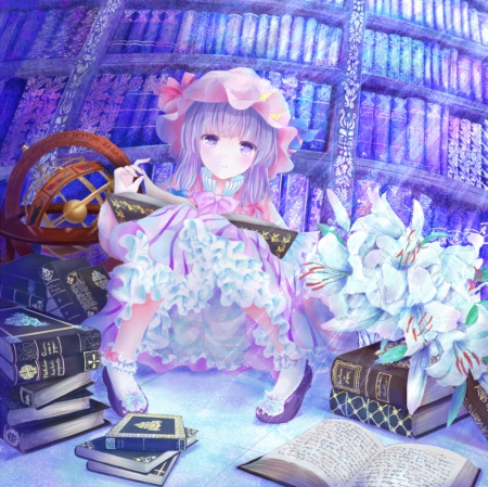 Book Worm - gown, book, beautiful, anime girl, adorable, sit, girl, reading, read, patchouli knowledge, touhou, pretty, kawaii, beauty, shelf, bookshelf, sweet, anime, dress, purple hair, sitting, long hair, nice, lovely, female