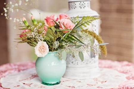 Still life - lovely style, pink bouquet, vase of flowers, lantern, petals, still life