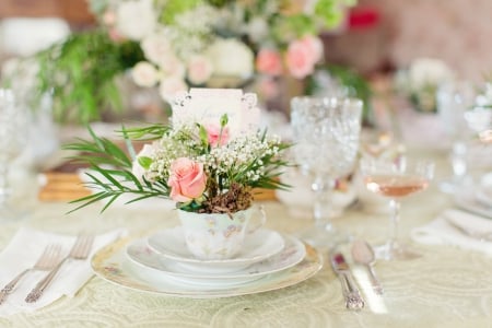 Still life - wedding bride, cup of flowers, lovely decoration, table, tea party, still life