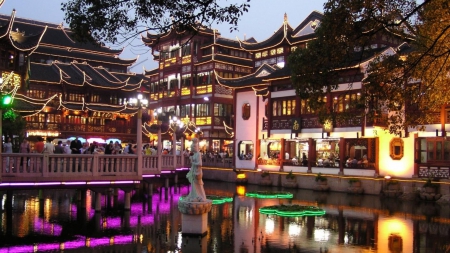 yuyuan garden in shanghai chaina - pond, pagodas, garden, lights, dusk, restaurant