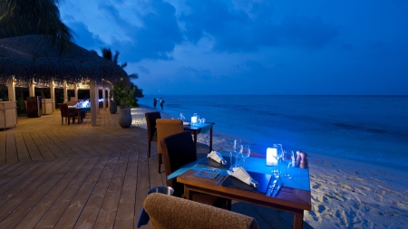 restaurant on the beach - beach, travel, tables, restaurant, evening, romantic, blue, sea, dinner