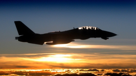 f14 tomcat silhouette at sunset - silhouette, pale, clouds, sunset, military