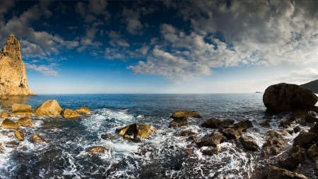 lovely rocky seashore - clouds, shore, surf, foam, sea, rocks