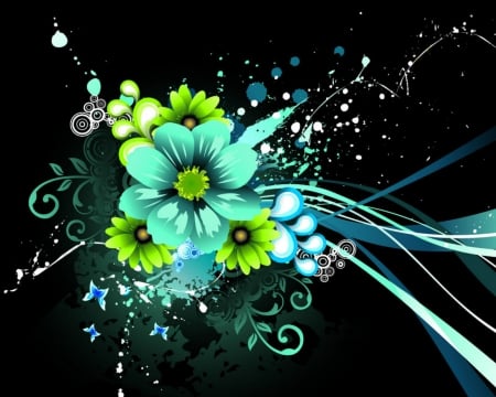 Floral art - black, flowers, art, green