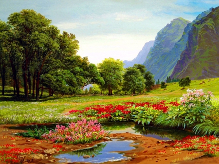 Mountainscape - stream, rocks, beautiful, flowers, grass, art, fresh, peaks, trees, nature, mountain, painting