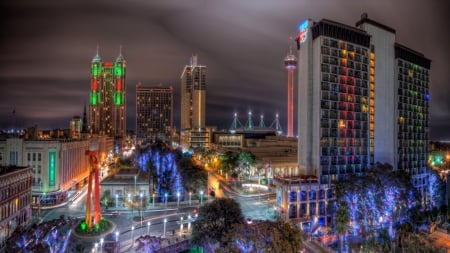 colorful holiday lights in san antonio at night hdr - streets, lights, city, night, hdr, colorful