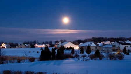 december moon over suburban landscape in winter - moon, winter, night, light, suburb