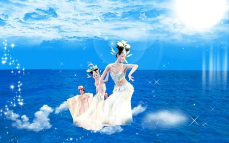 Blue water dancers - sky, dancers, water, sea, woman