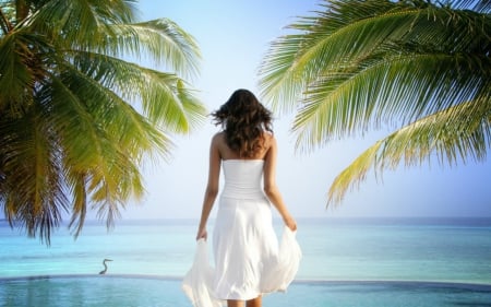 Day at the beach - woman, nature, beach, palm tree