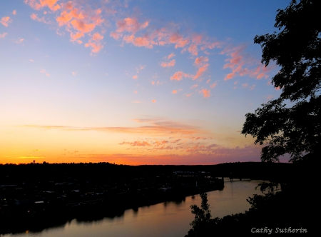 Sunset over the Ohio River - water, clouds, river, trees, sunset, nature, sun