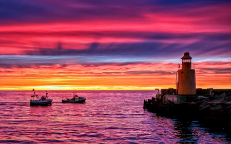 Evening at Lighthouse - cliff, sky, water, clouds, sea, boats, colors