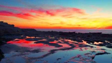 Sunset Fires - glow, sky, clouds, stones, sunset, sea, rocks