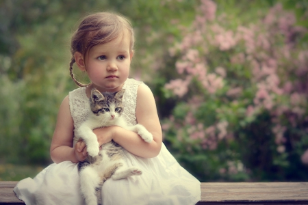 Sweet Girl with Kitten - girl, mountains, sunset, kitten, clouds, portrait, sweet, pure feeling, cute