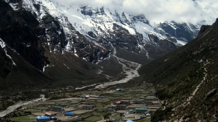 village in a himalayan valley in nepal - river, fields, mountains, valley, villages