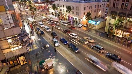 hollywood boulevard in los angeles - traffic, sidewalk, city, boulevard, dusk, lights