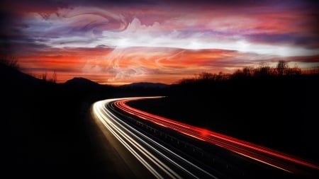 Traffic - white, purple, traffic, clouds, red, highway, livingdoll, lights