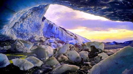 ice cave - cave, ice, chunks, sunset