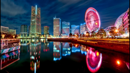 amusement park in yokohama harbor - lights, amusement park, harbor, city, night, reflection