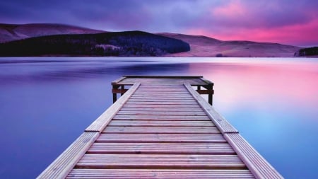 lake pier - hills, purple, lake, sinset, pier