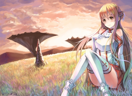 Yuuki Asuna - maiden, adorable, scenery, armor, wonderful, cloud, landscape, brown hair, anime, knight, asuna yuuki, yuuki, sword art online, lovely, female, asuna, spendid, yuuki asuna, beautiful, hot, girl, anime girl, lady, pretty, kawaii, beauty, sweet, sky, long hair, nice, sexy, scene, sao