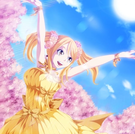 Dance - pretty, twin tail, female, blossom, pink, happy, blond, lucy, dancing, nice, gown, beauty, flower, petals, sw, floral, lucy heartfilia, anime, yellow, twintail, dress, blonde, blond hair, sky, twin tails, anime girl, twintails, beautiful, girl, blonde hair, fairy tail, lovely, sweet, dance