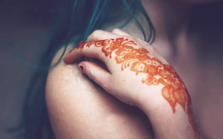 flowers tattoo girl - beauty, flower, orange, tatoo