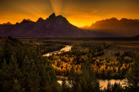 Sunset At Grand Tetons NP, Wyoming - river, sun rays, sunset, beautiful, National Park, forest, mountains