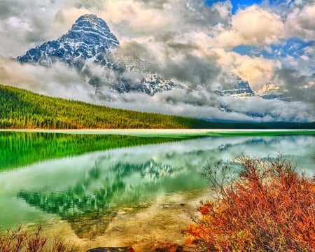 Waterfowl Lake, Banff NP - clouds, beautiful, snowy peaks, colors, forest, reflection, Canada, mountains, lakes