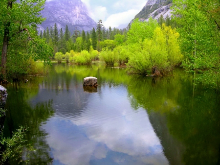 Mirror lake - clouds, quiet, trees, pond, reflection, mountain, calmness, shore, mirror, tranquility, cliffs, serenity, lake, sky