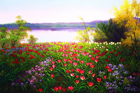 Spring river - pretty, beautiful, freshnerss, sunrise, spring, morning, lovely, flowers, colorful, river, riverscape, nature, painting, art, sky